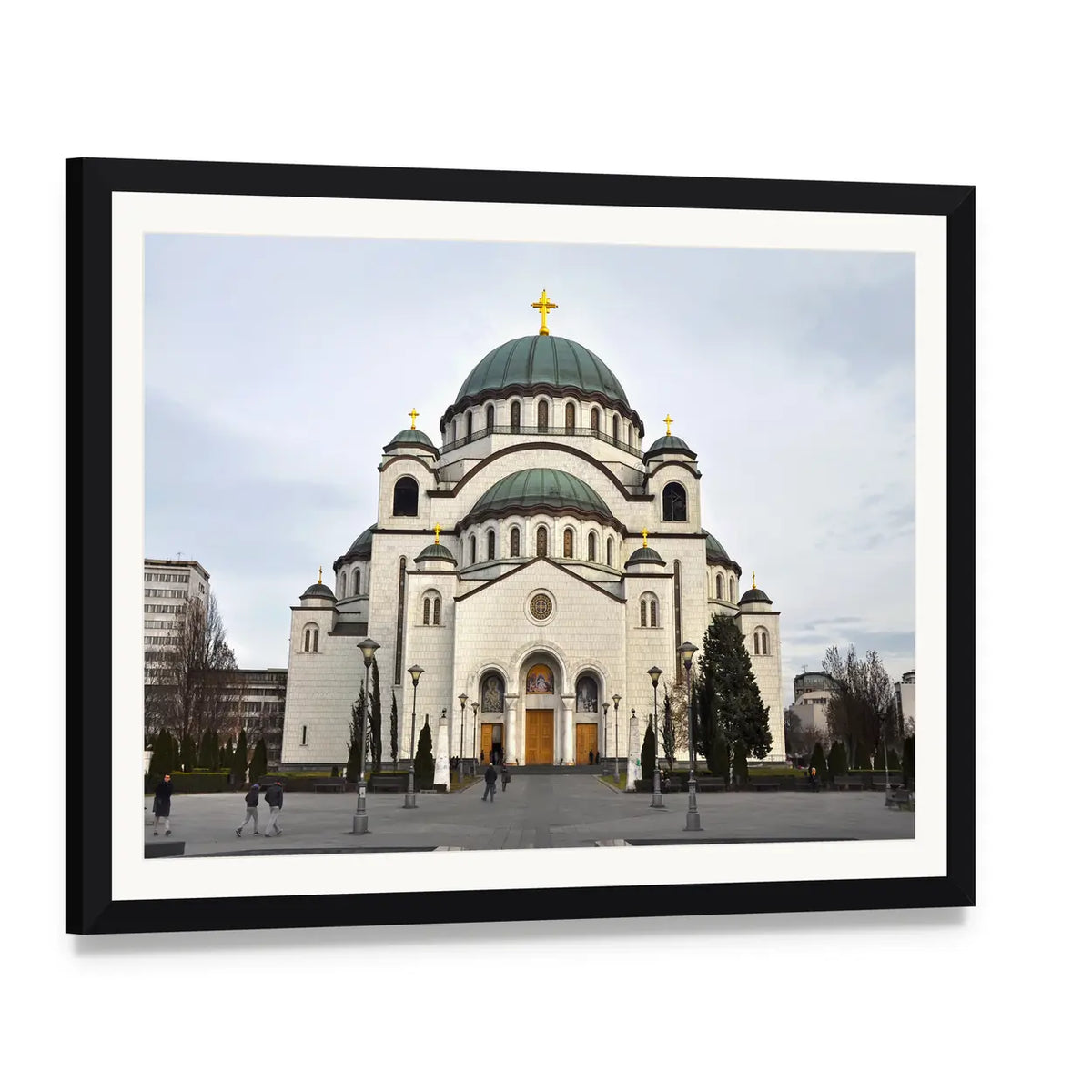 Saint Sava Church Canvas Wall Art, framed print with white mat and black frame, angled product view