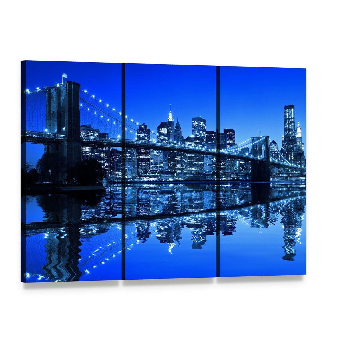 Brooklyn Bridge Night Skyline Canvas Wall Art, 3 panel 3 Horizontal layout gallery wrapped canvas set, angled product view