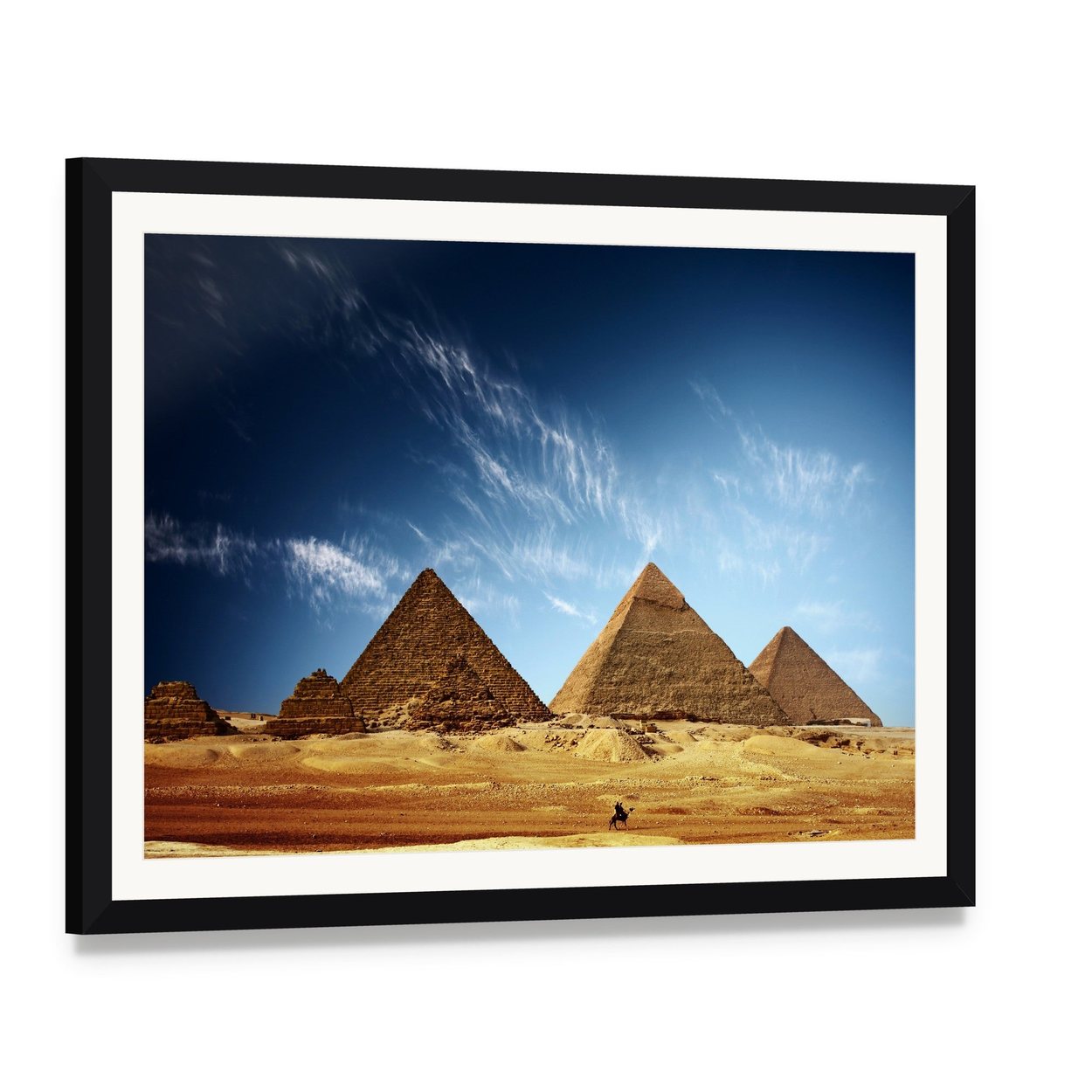 Giza Valley with Great Pyramids Canvas Wall Art, framed print with white mat and black frame, angled product view