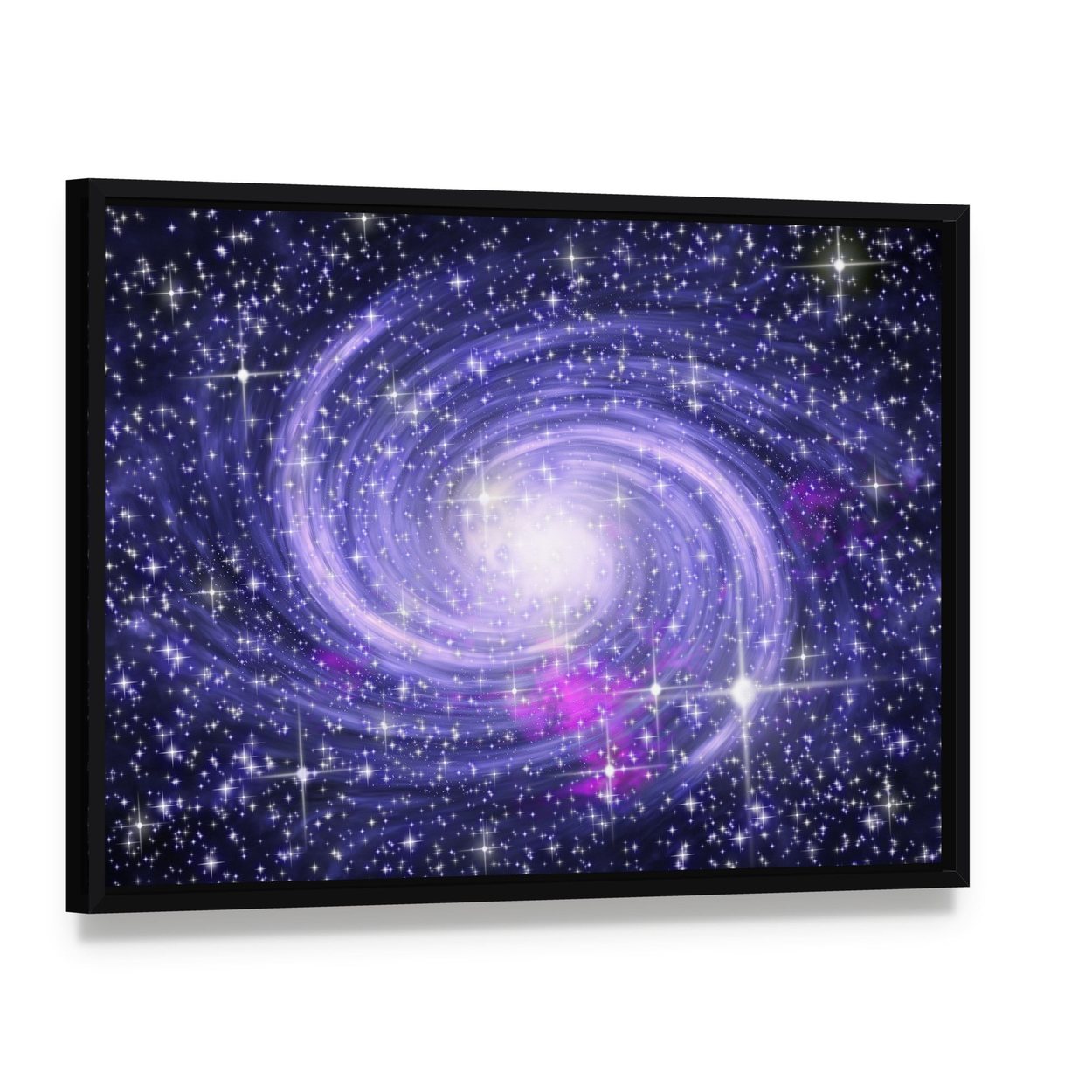 Big Spiral Galaxy Canvas Wall Art, framed canvas in a black floater frame, angled product view