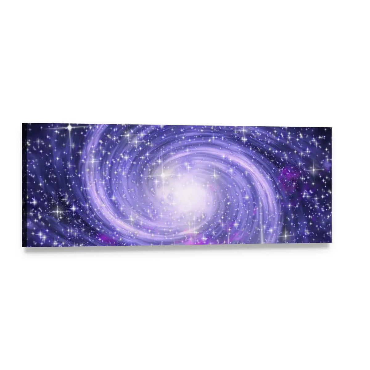 Luminous Purple Spiral Galaxy Panoramic Canvas Wall Art, single panel gallery wrapped canvas, angled product view