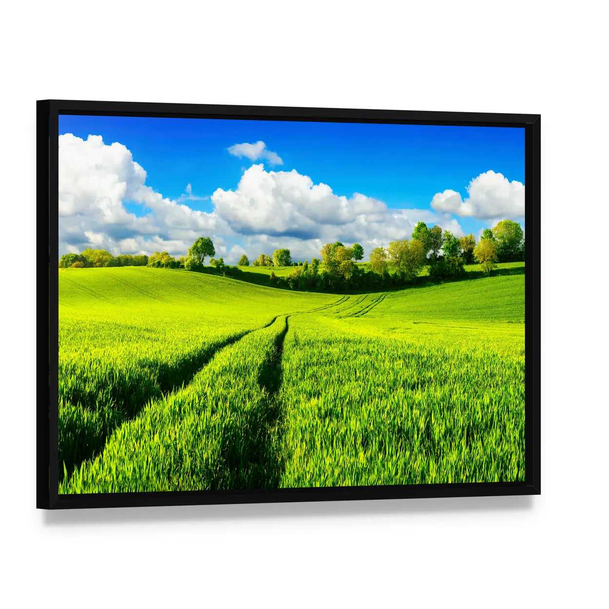 Idyllic Green Fields Canvas Wall Art, framed canvas in a black floater frame, angled product view