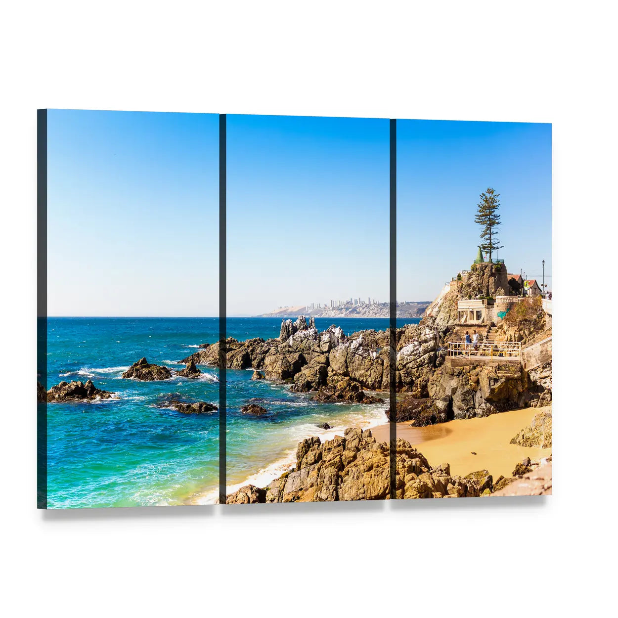 Rocky Beach on a Summer Day Canvas Wall Art, 3 panel 3 Horizontal layout gallery wrapped canvas set, angled product view