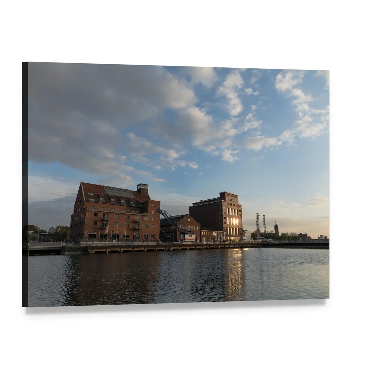 Inner Harbor Duisburg Cityscape Canvas Wall Art, single panel gallery wrapped canvas, angled product view