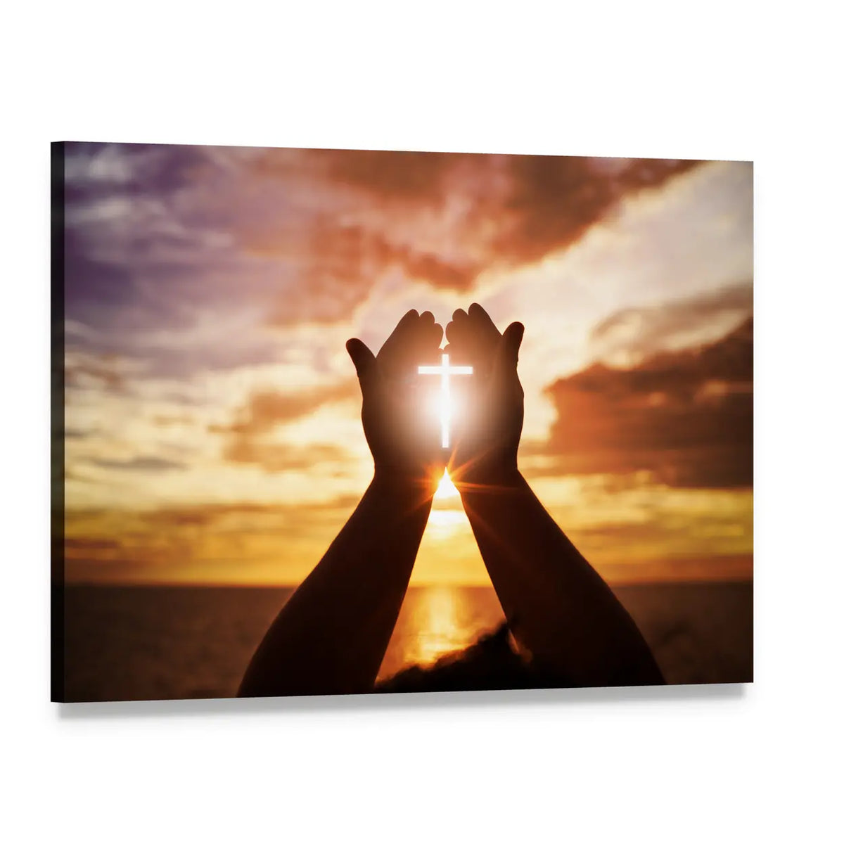Praying Hands with Glowing Cross at Sunset Canvas Wall Art, single panel gallery wrapped canvas, angled product view