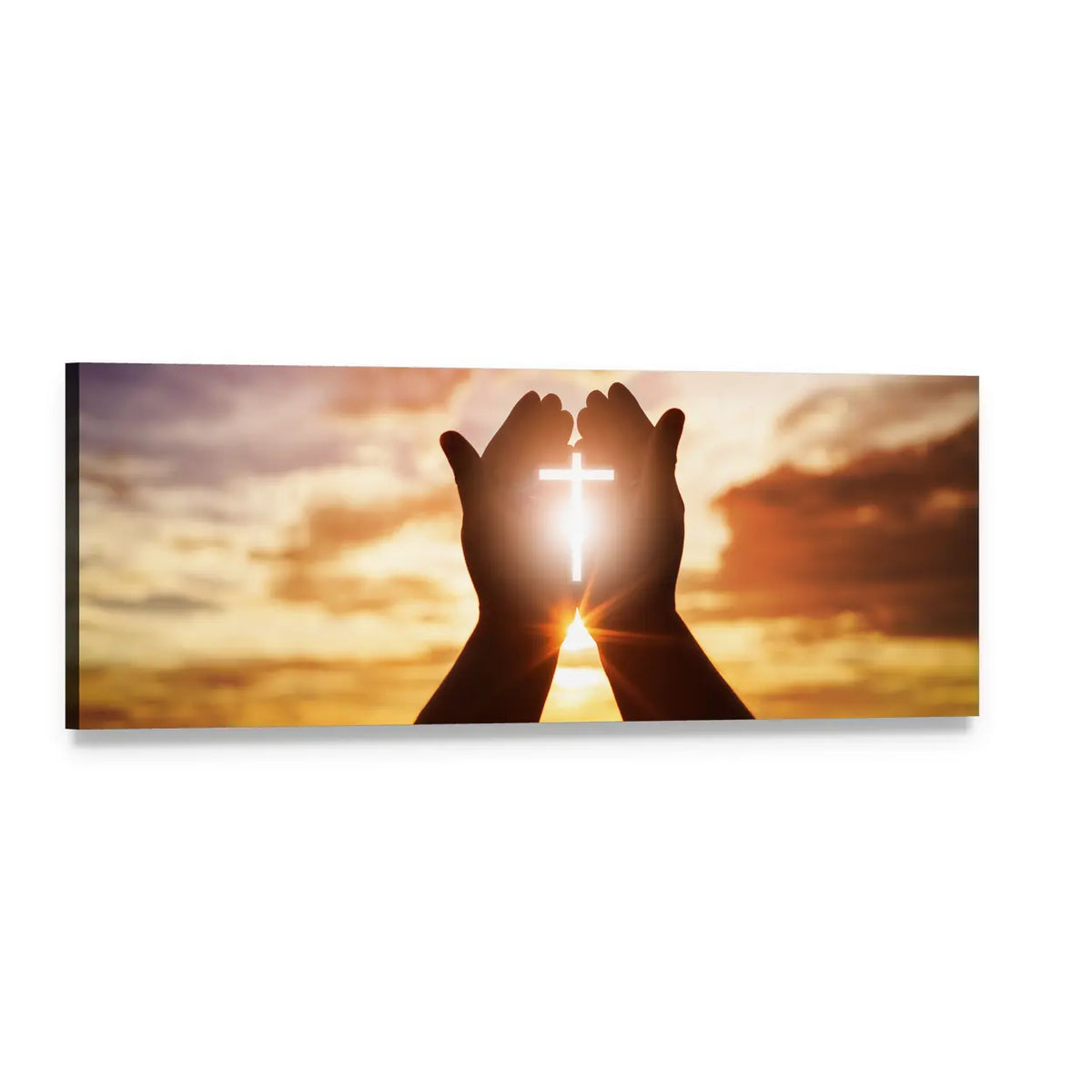 Cupped Hands with Glowing Cross at Sunset Panoramic Canvas Wall Art, single panel gallery wrapped canvas, angled product view