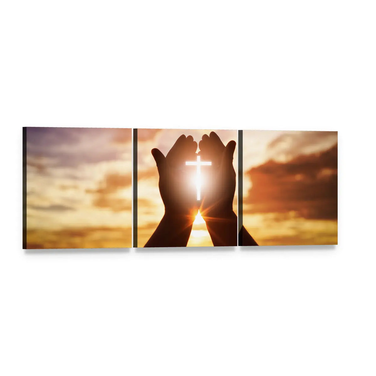 Cupped Hands with Glowing Cross at Sunset Panoramic Canvas Wall Art, 3 panel 3 Piece layout gallery wrapped canvas set, angled product view