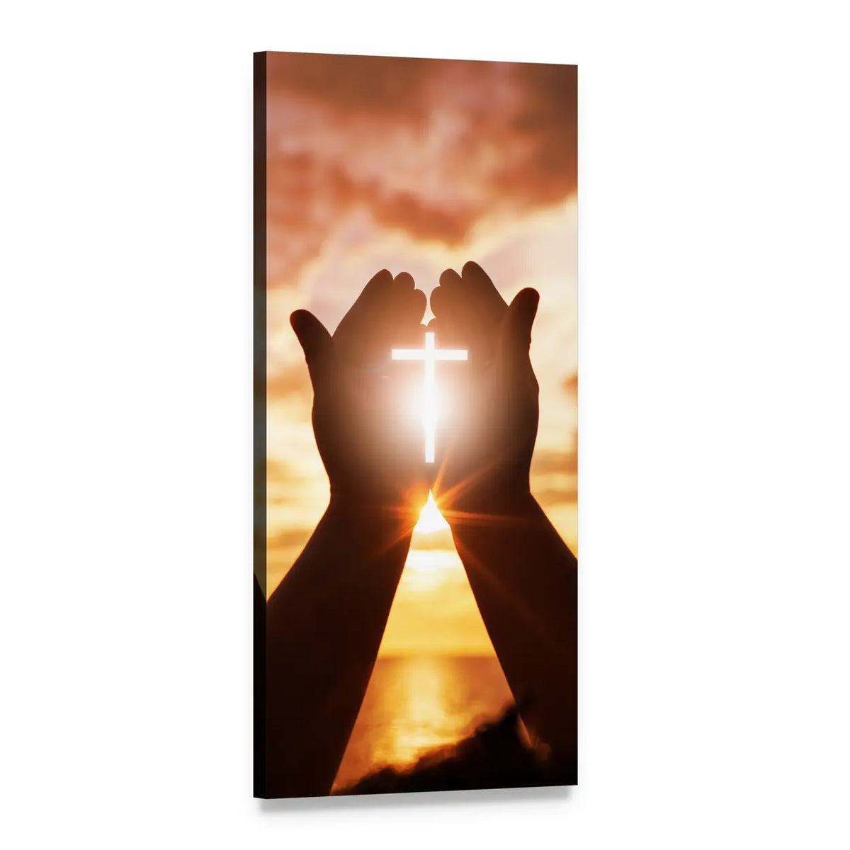 Cupped Hands with Glowing Cross at Sunset Vertical Canvas Wall Art, 1 panel 1 Vertical layout gallery wrapped canvas set, angled product view