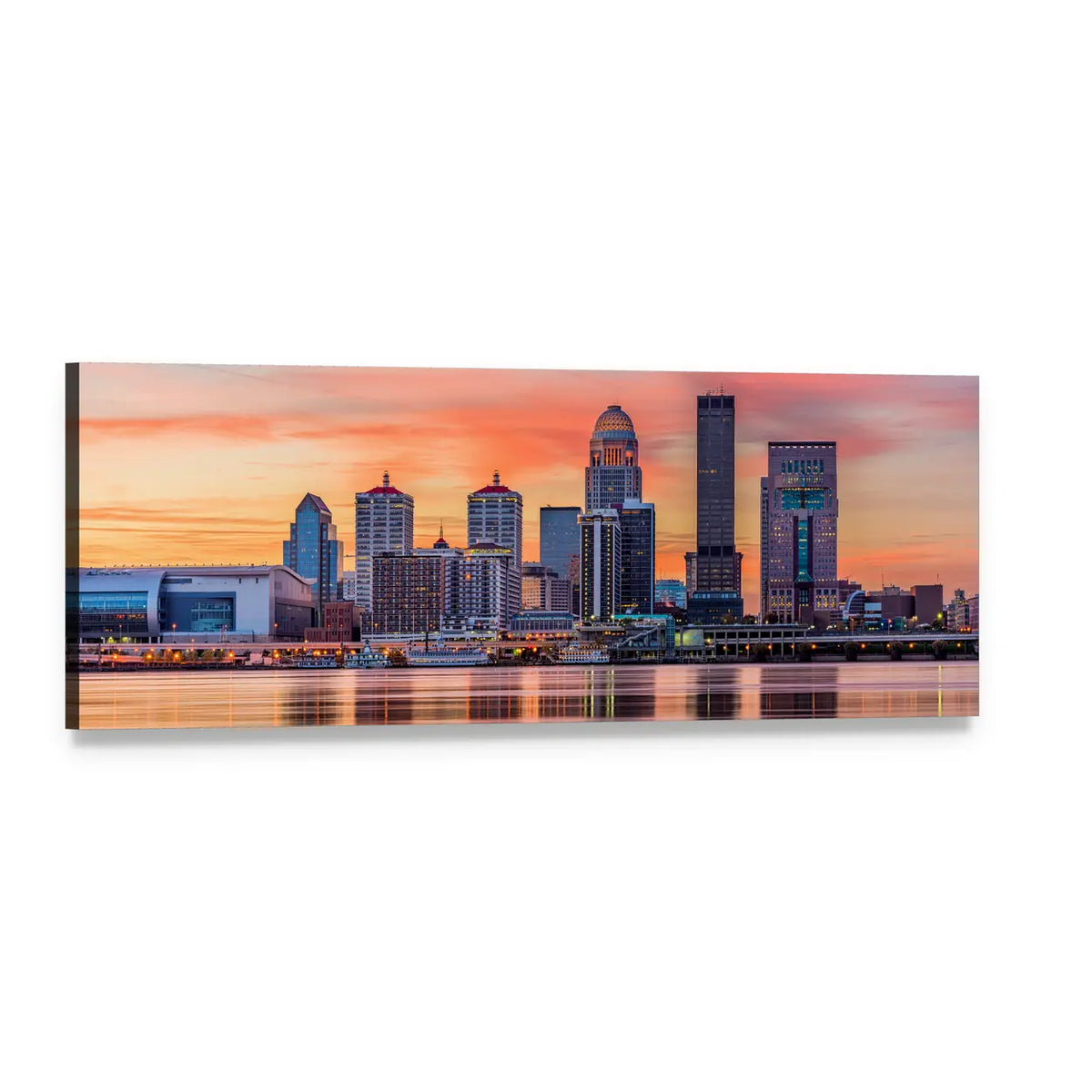 Louisville Skyline at Sunset Panoramic Canvas Wall Art, single panel gallery wrapped canvas, angled product view