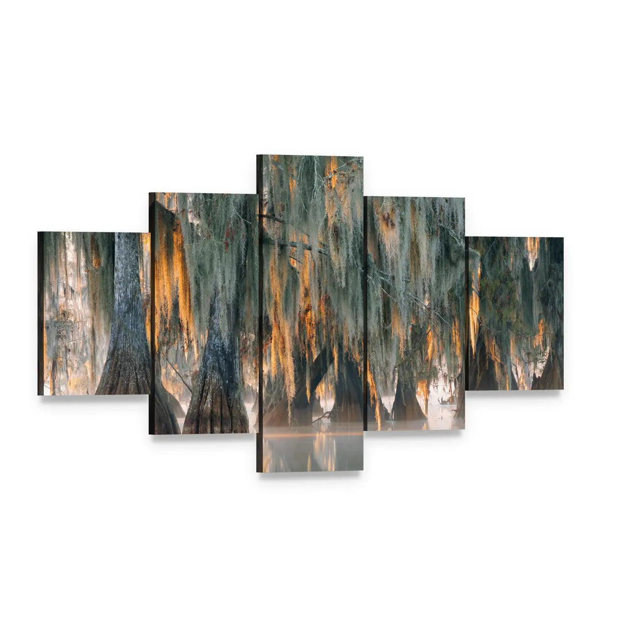 Bald Cypress Trees Canvas Wall Art, 5 panel 5 Star layout gallery wrapped canvas set, angled product view