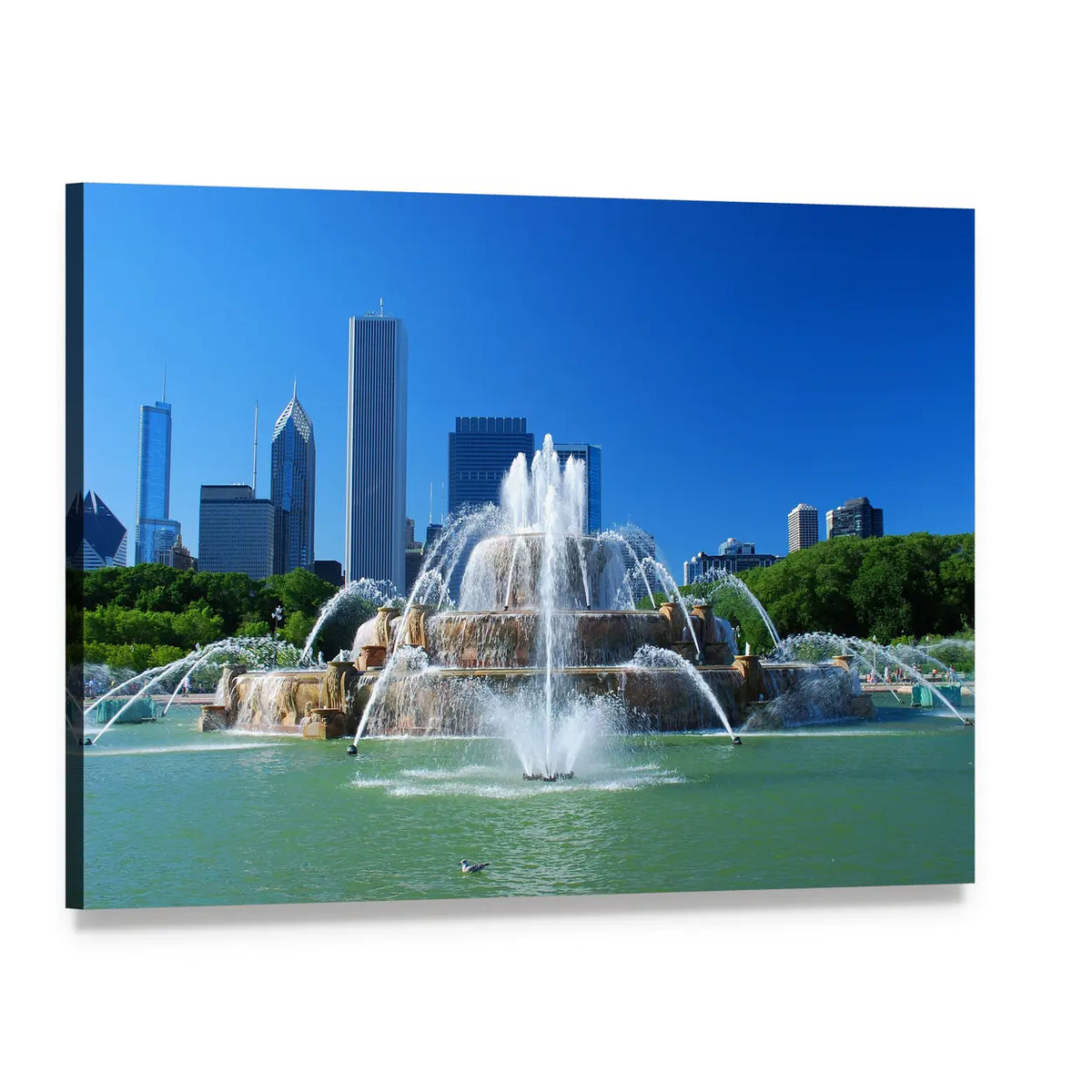 Chicago Skyline with Buckingham Fountain Canvas Wall Art, single panel gallery wrapped canvas, angled product view