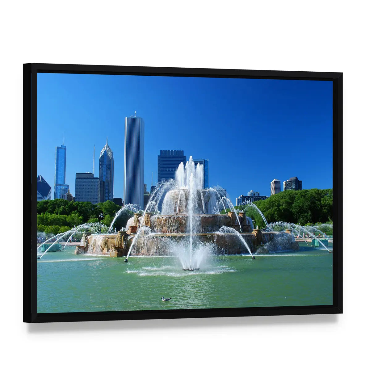 Chicago Skyline with Buckingham Fountain Canvas Wall Art, framed canvas in a black floater frame, angled product view