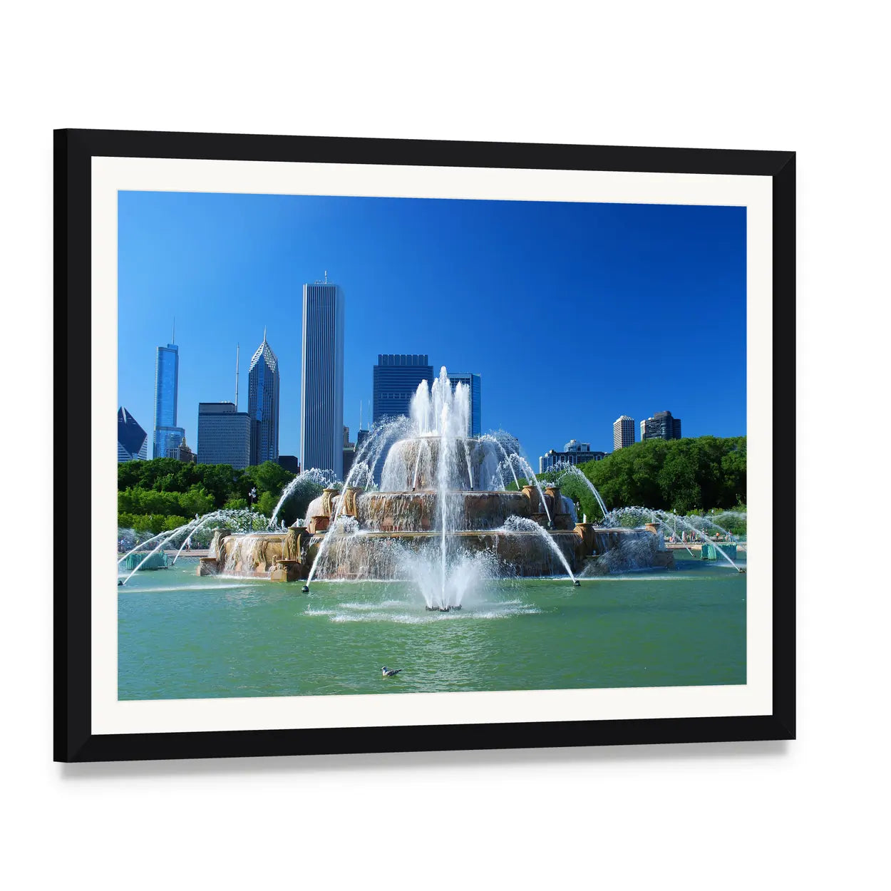 Chicago Skyline with Buckingham Fountain Canvas Wall Art, framed print with white mat and black frame, angled product view