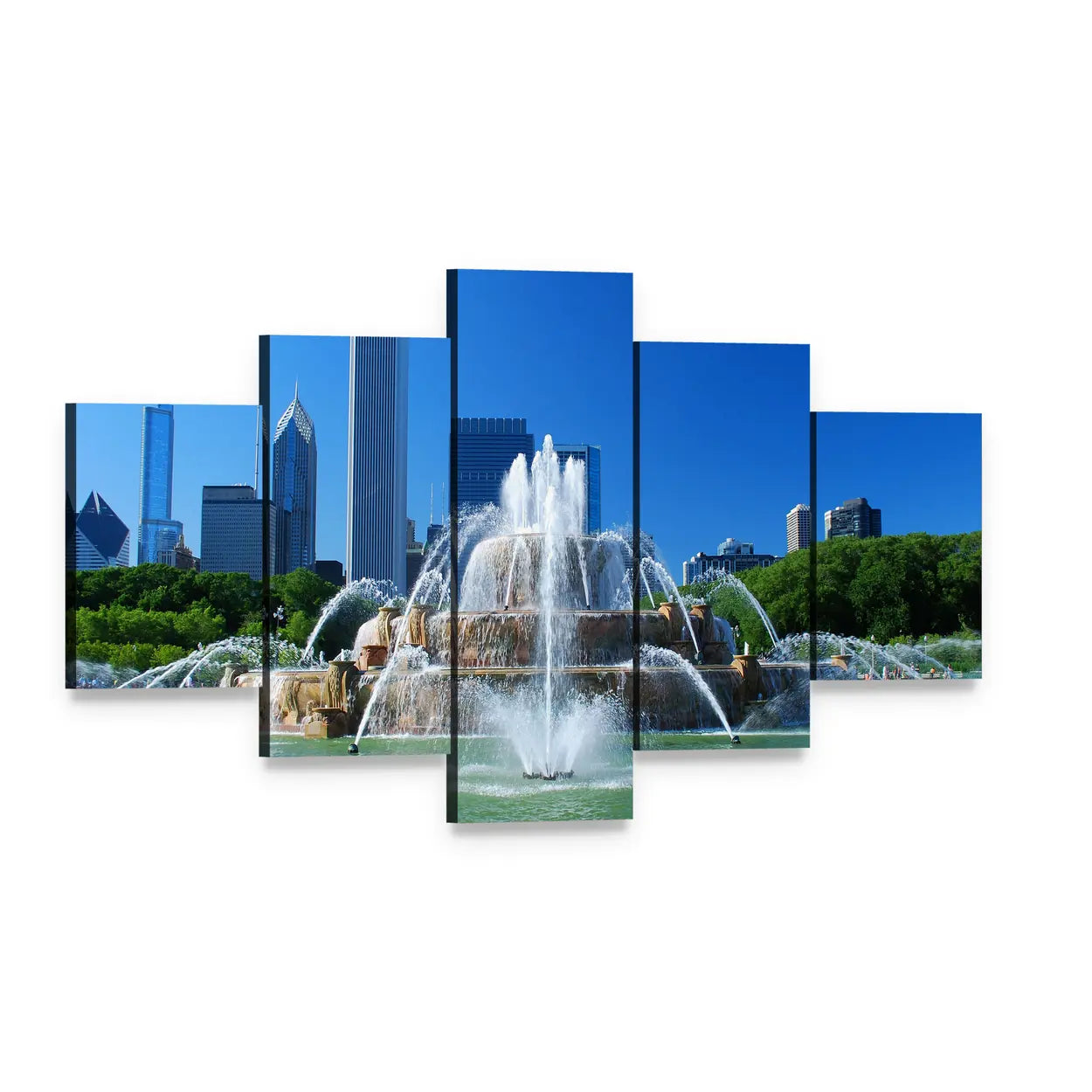 Chicago Skyline with Buckingham Fountain Canvas Wall Art, 5 panel 5 Star layout gallery wrapped canvas set, angled product view