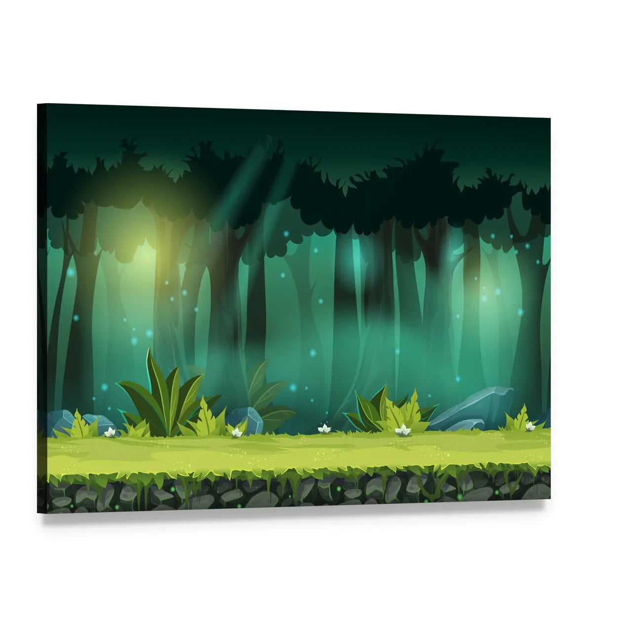 Magical Mist Forest with Fireflies Canvas Wall Art, single panel gallery wrapped canvas, angled product view