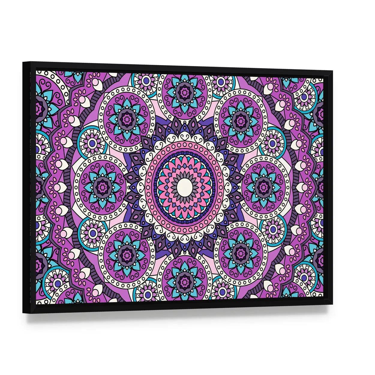Purple Mandala Pattern Canvas Wall Art, framed canvas in a black floater frame, angled product view