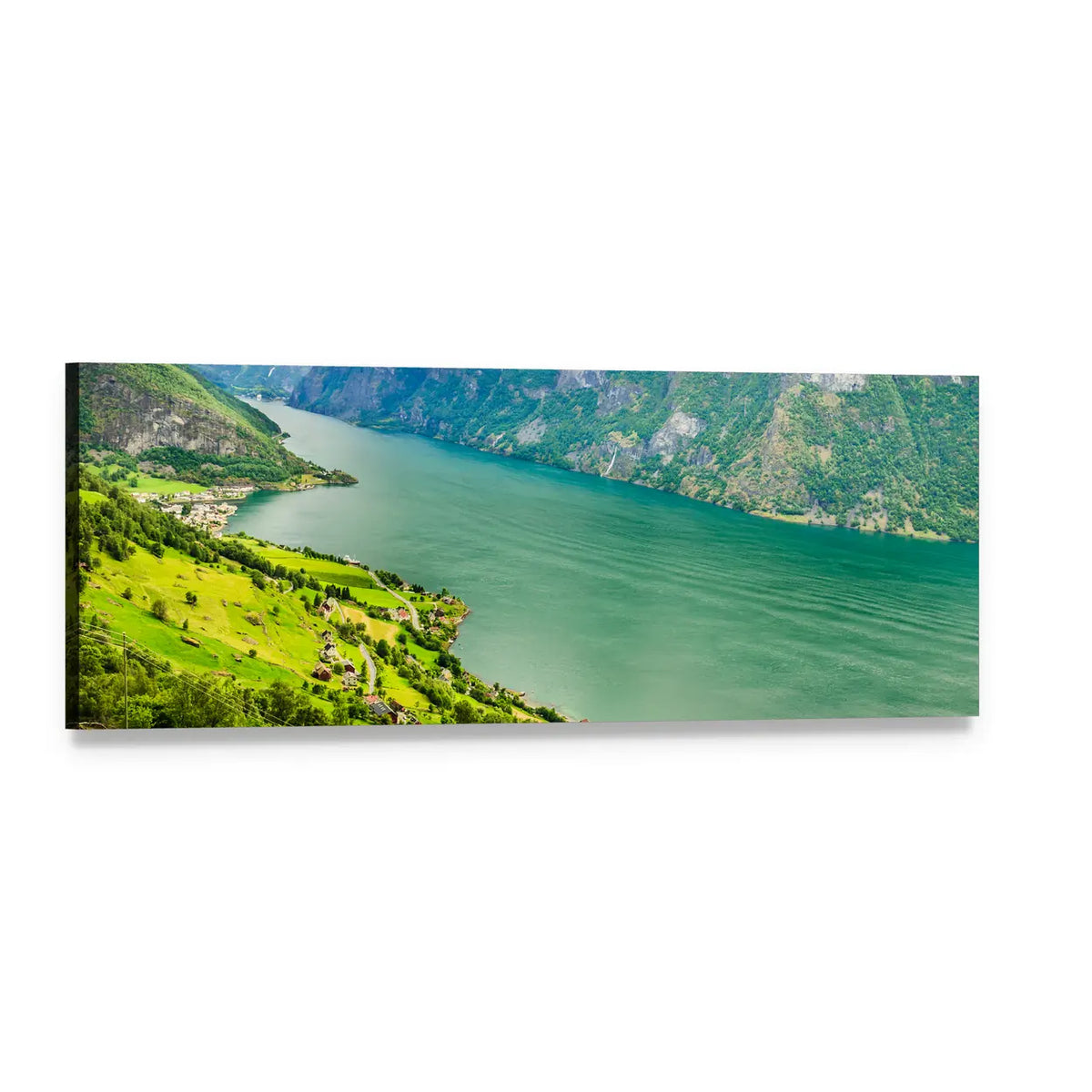 Turquoise Fjord Valley with Lakeside Village Panoramic Canvas Wall Art, single panel gallery wrapped canvas, angled product view