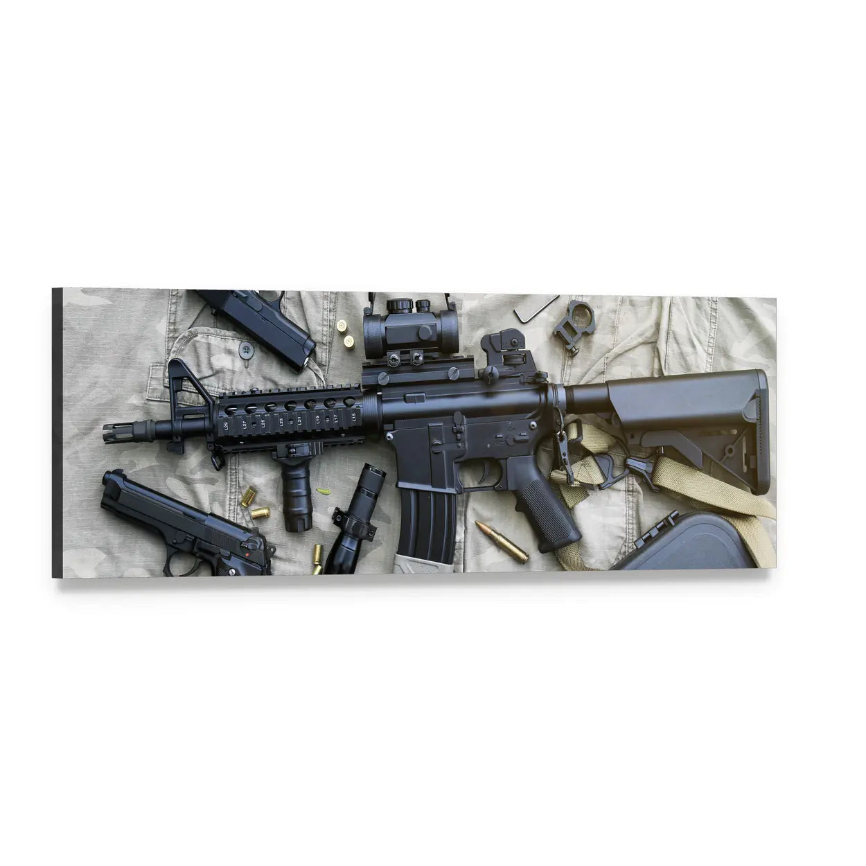 Ar-15 Rifle and Pistols Flat Lay Panoramic Canvas Wall Art, single panel gallery wrapped canvas, angled product view