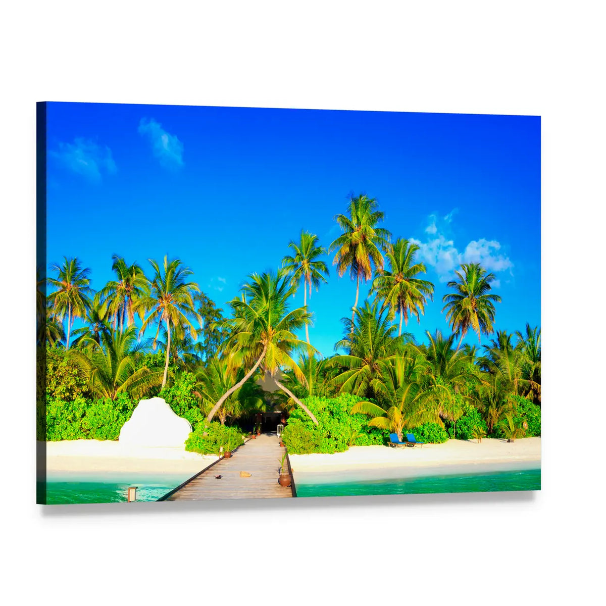 Maldives Pier and Palm Beach Canvas Wall Art, single panel gallery wrapped canvas, angled product view