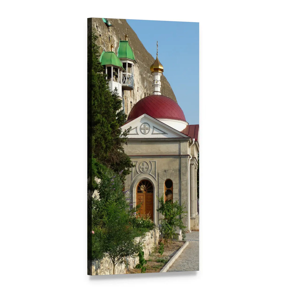 Crimea Cliffside Orthodox Church Vertical Canvas Wall Art, 1 panel 1 Vertical layout gallery wrapped canvas set, angled product view