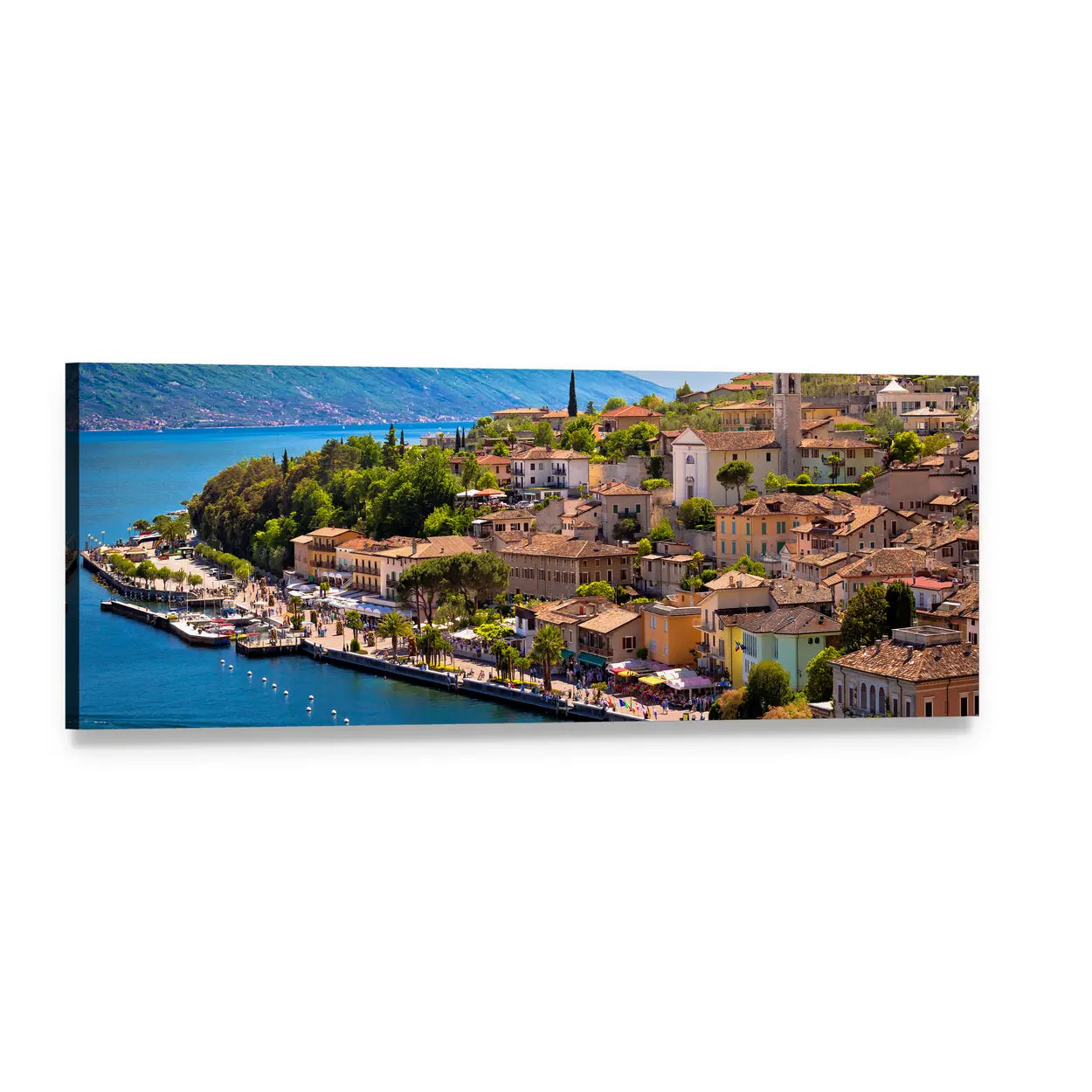 Limone Sul Garda Lakefront View Panoramic Canvas Wall Art, single panel gallery wrapped canvas, angled product view