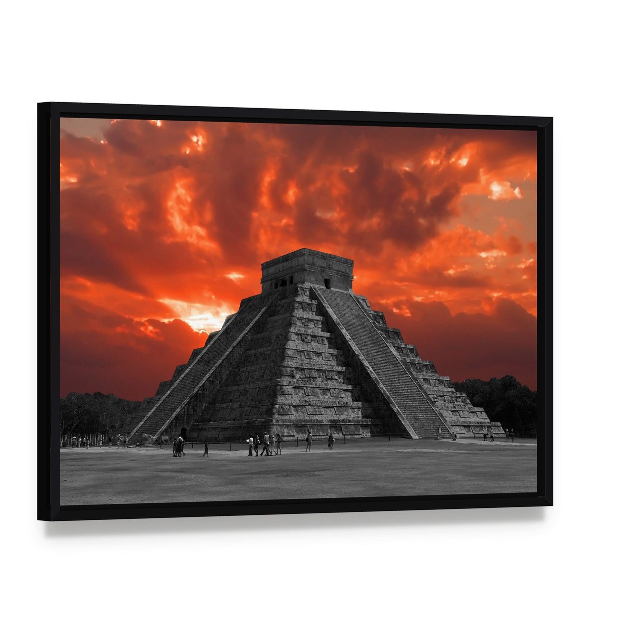 Chichen Itza Temple Canvas Wall Art, framed canvas in a black floater frame, angled product view