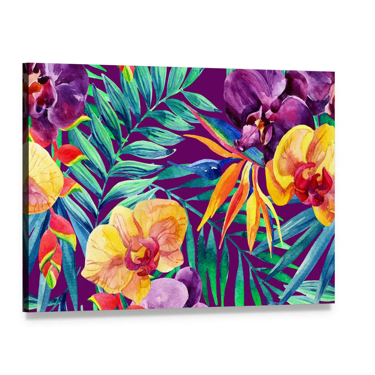 Tropical Jungle Watercolor Floral Canvas Wall Art, single panel gallery wrapped canvas, angled product view