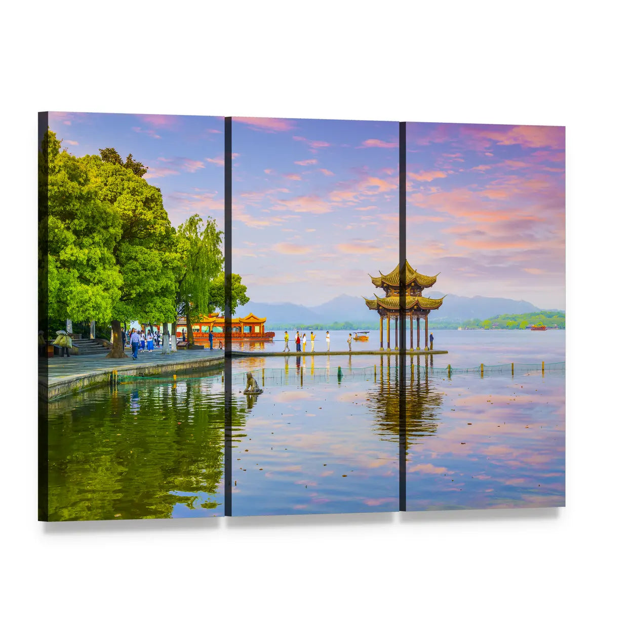 West Lake Hangzhou at Sunset Canvas Wall Art, 3 panel 3 Horizontal layout gallery wrapped canvas set, angled product view