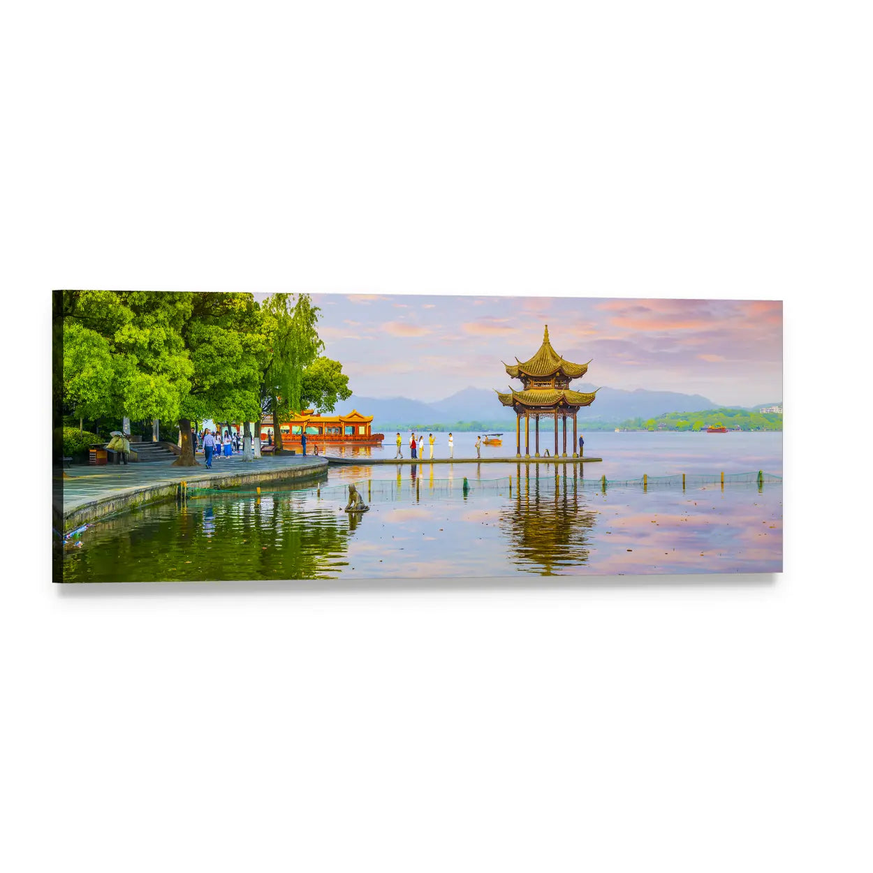 West Lake Hangzhou Pagoda Reflection Panoramic Canvas Wall Art, single panel gallery wrapped canvas, angled product view