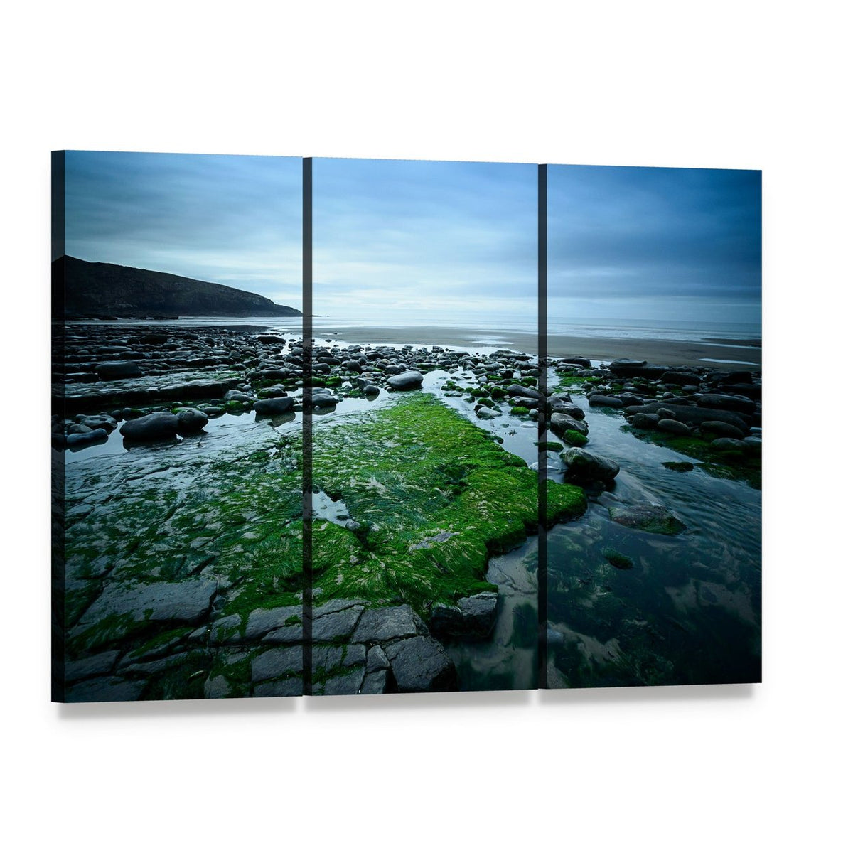 Dunraven Bay Seaweed-covered Shoreline Canvas Wall Art, 3 panel 3 Horizontal layout gallery wrapped canvas set, angled product view