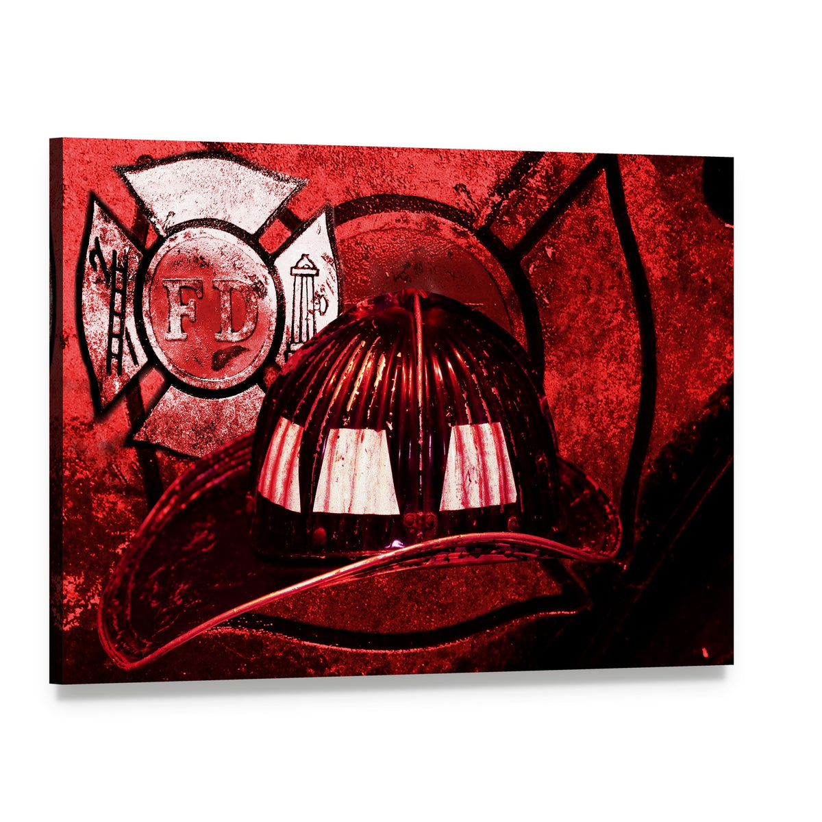 Vintage Firefighter Helmet with Fd Emblem Canvas Wall Art, single panel gallery wrapped canvas, angled product view