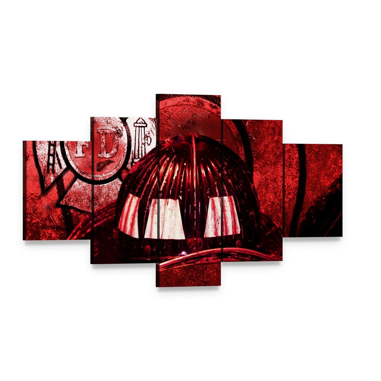 Vintage Firefighter Helmet with Fd Emblem Canvas Wall Art, 5 panel 5 Star layout gallery wrapped canvas set, angled product view
