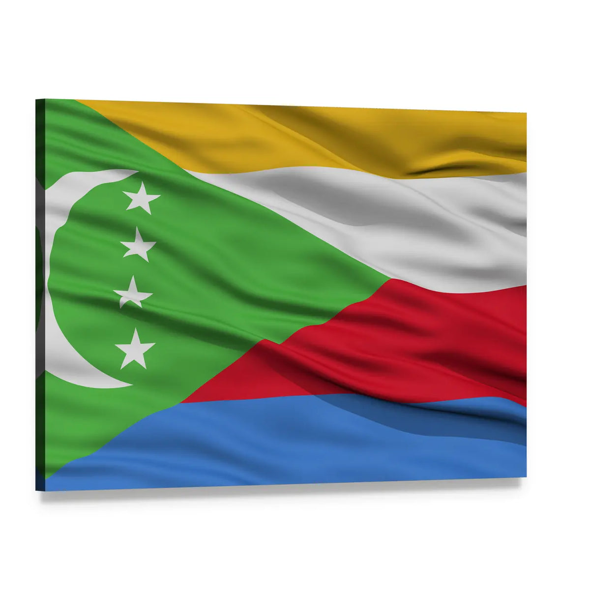 Waving Comoros Flag Canvas Wall Art, single panel gallery wrapped canvas, angled product view