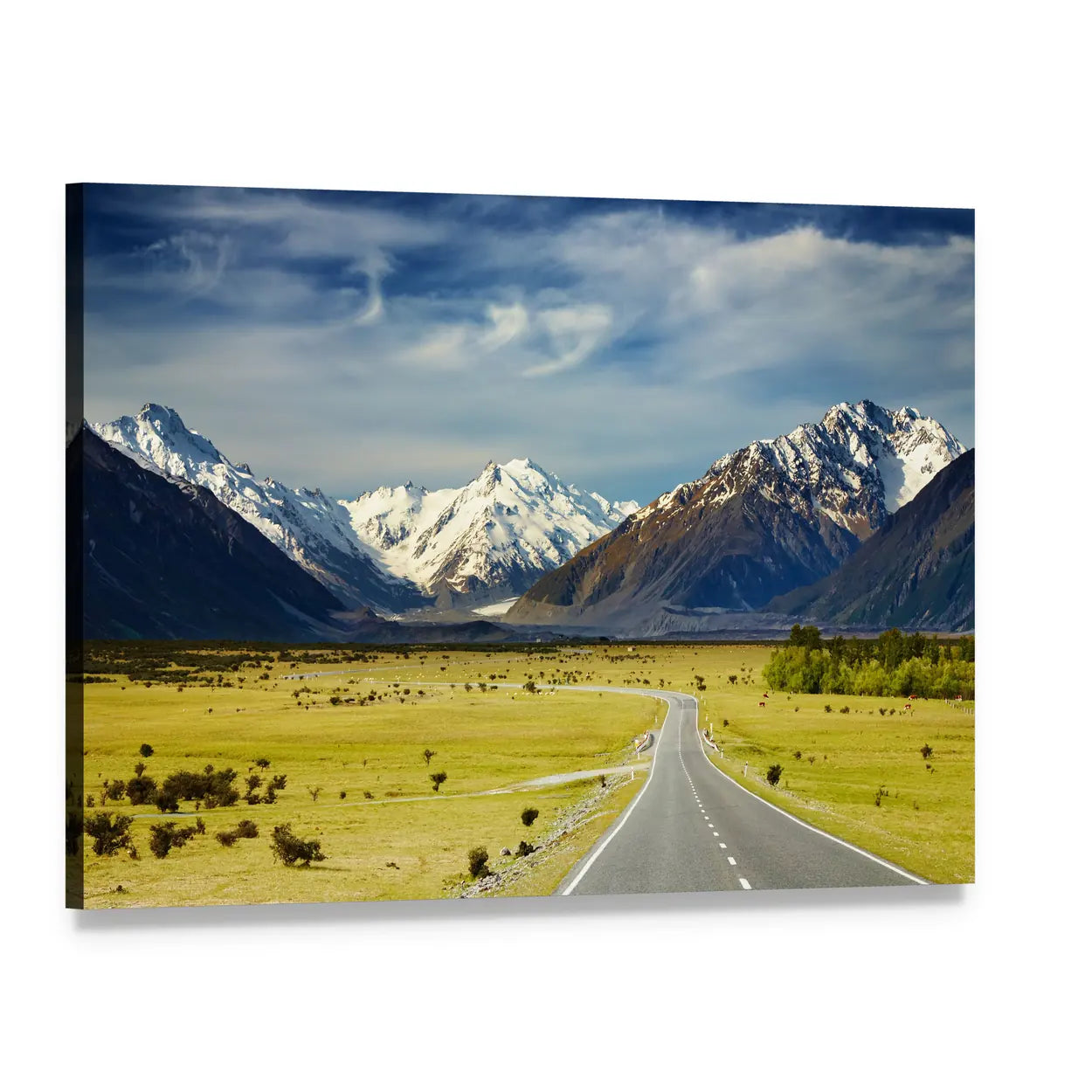 Road to Snow-capped Mountains Canvas Wall Art, single panel gallery wrapped canvas, angled product view