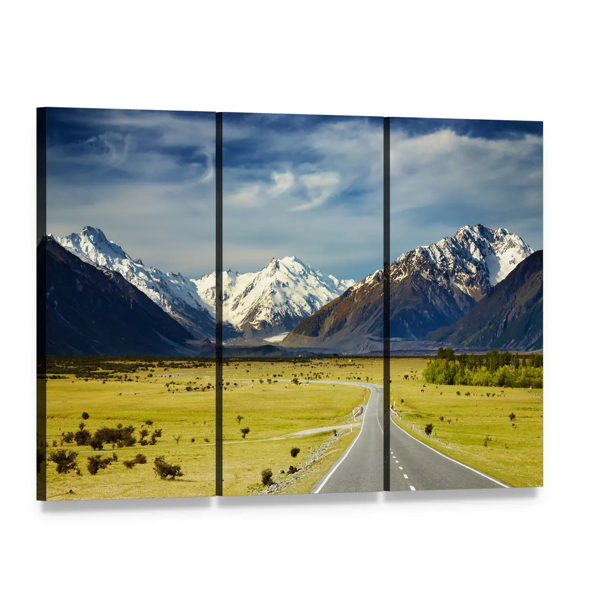 Road to Snow-capped Mountains Canvas Wall Art, 3 panel 3 Horizontal layout gallery wrapped canvas set, angled product view