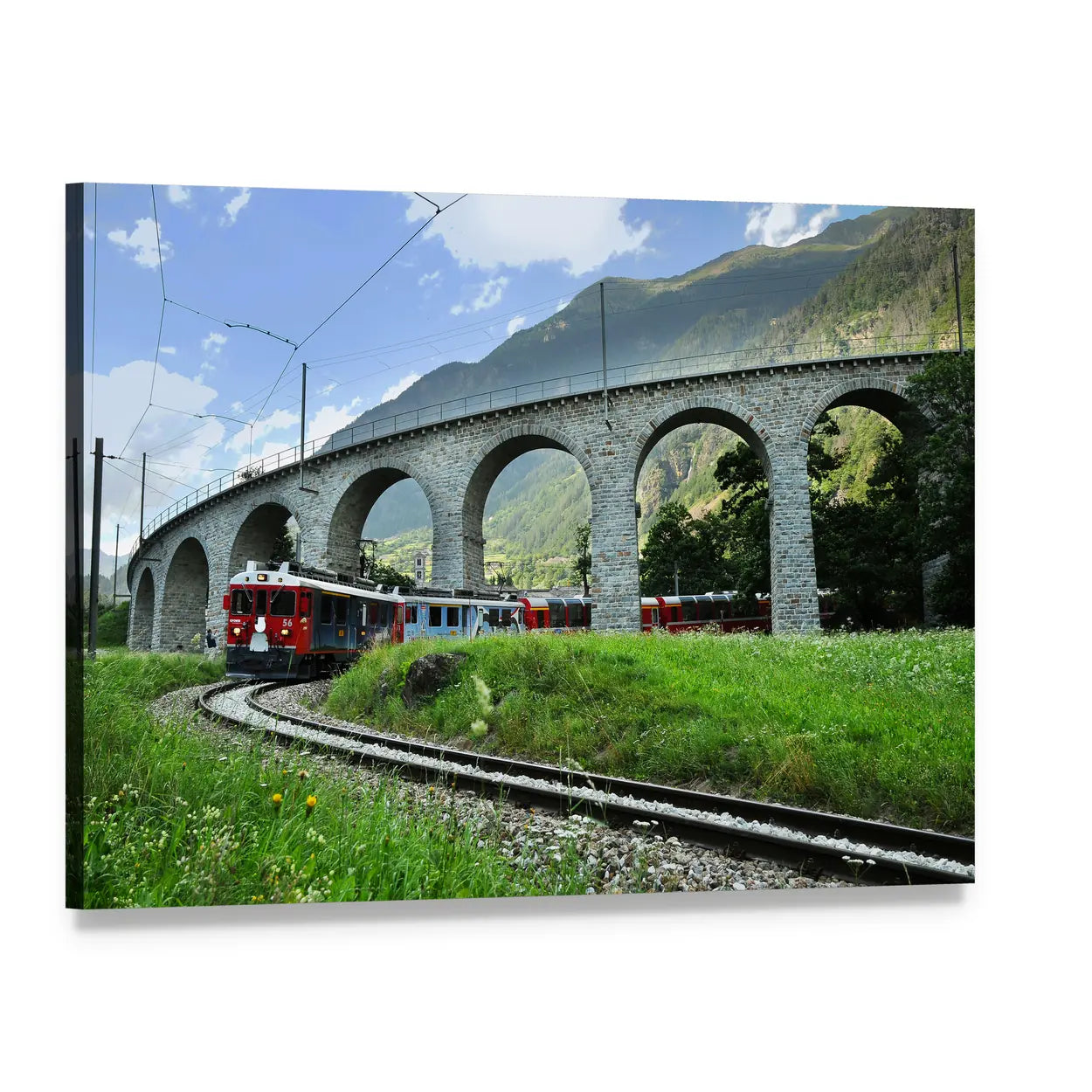 Swiss Bernina Express on Stone Viaduct Canvas Wall Art, single panel gallery wrapped canvas, angled product view