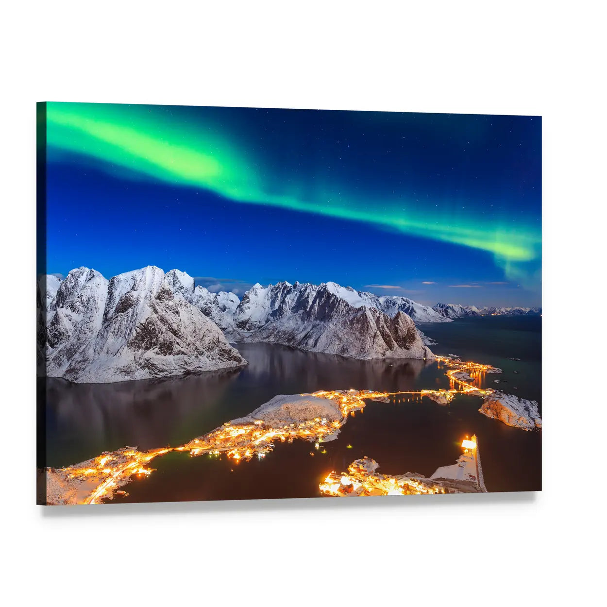 Aurora Over Snowy Mountain Village Canvas Wall Art, single panel gallery wrapped canvas, angled product view