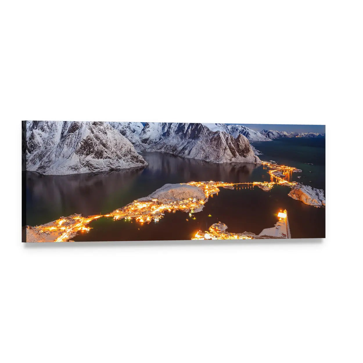 Aurora Borealis Over Snowy Mountain Ridge Panoramic Canvas Wall Art, single panel gallery wrapped canvas, angled product view