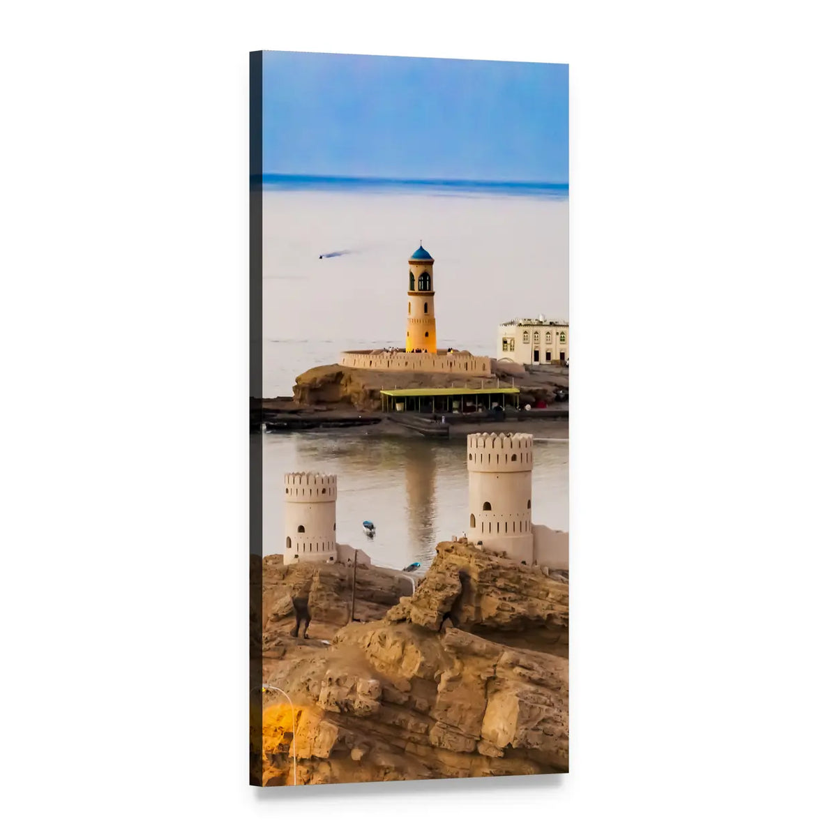 Oman Coastline Lighthouse and Stone Watchtowers Vertical Canvas Wall Art, 1 panel 1 Vertical layout gallery wrapped canvas set, angled product view