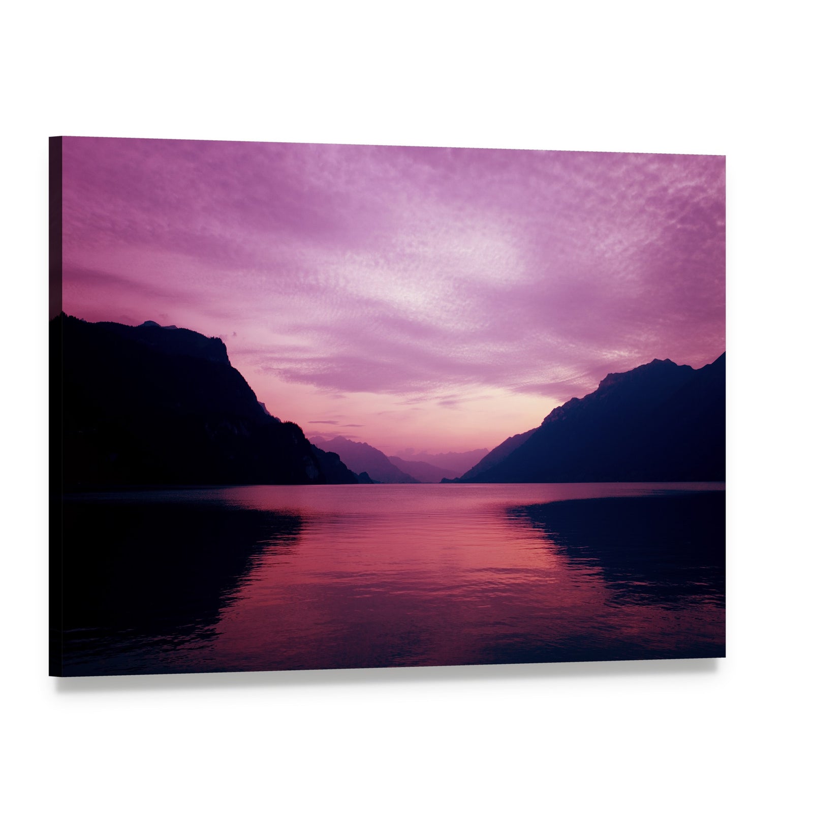 Lake and Mountains at Purple Dusk Canvas Wall Art, single panel gallery wrapped canvas, angled product view