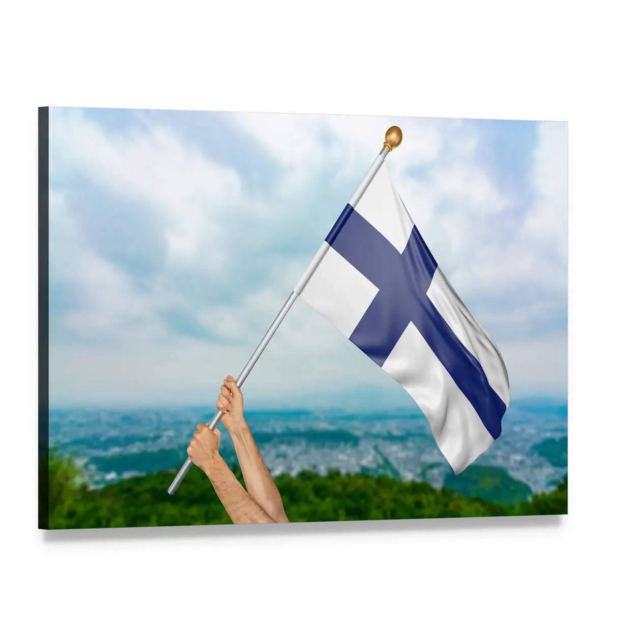 Finnish Flag Over City Canvas Wall Art, single panel gallery wrapped canvas, angled product view