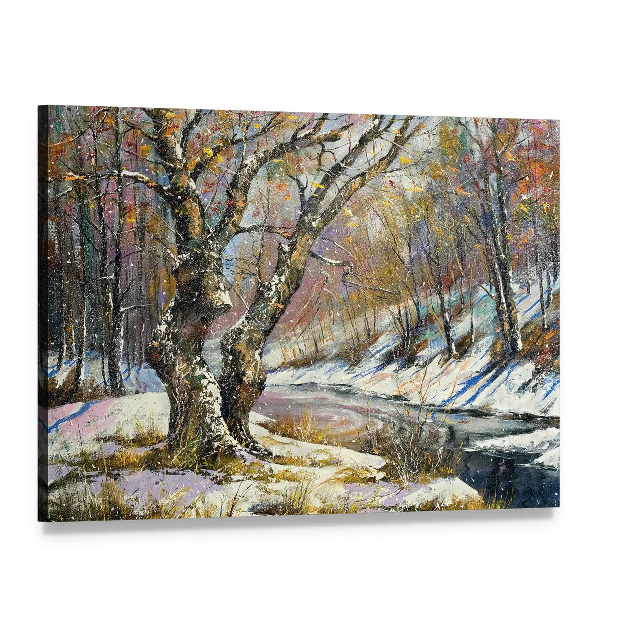 Winter River in Snowy Wood Canvas Wall Art, single panel gallery wrapped canvas, angled product view