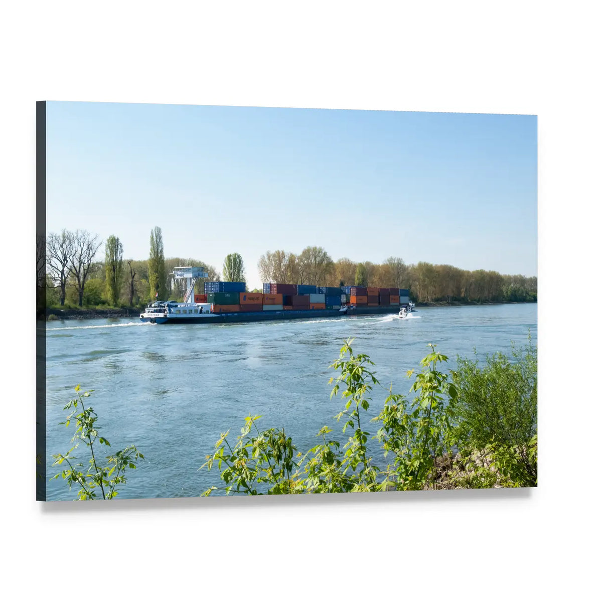 Barge on the Rhine River Canvas Wall Art, single panel gallery wrapped canvas, angled product view