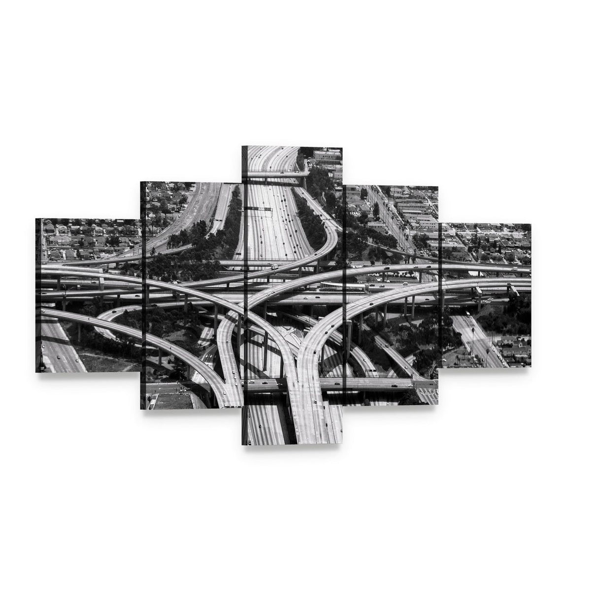 Gray Highway Interchange at Los Angeles Airport Canvas Wall Art, 5 panel 5 Star layout gallery wrapped canvas set, angled product view