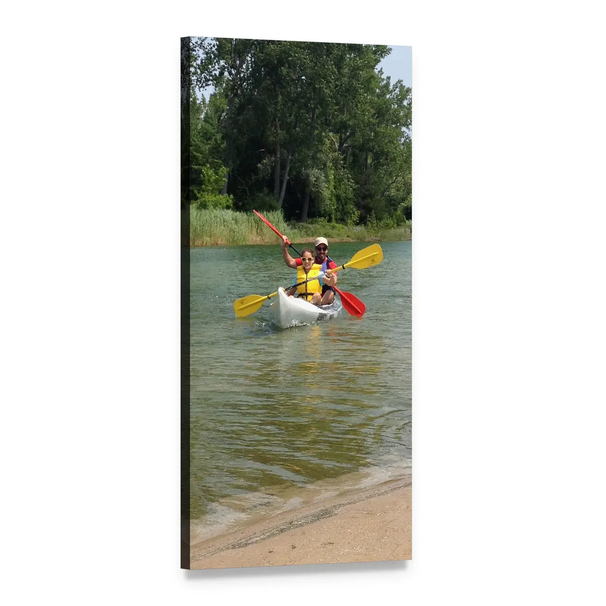Tandem Kayak on a River Vertical Canvas Wall Art, 1 panel 1 Vertical layout gallery wrapped canvas set, angled product view