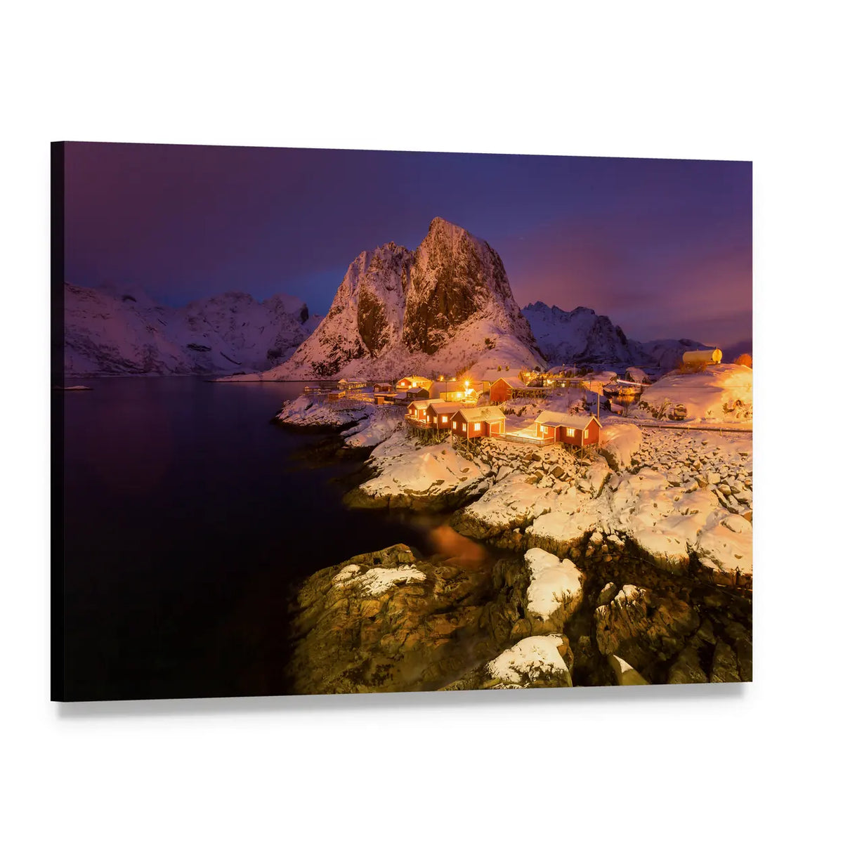 Snowy Hamnoy Village at Twilight Canvas Wall Art, single panel gallery wrapped canvas, angled product view