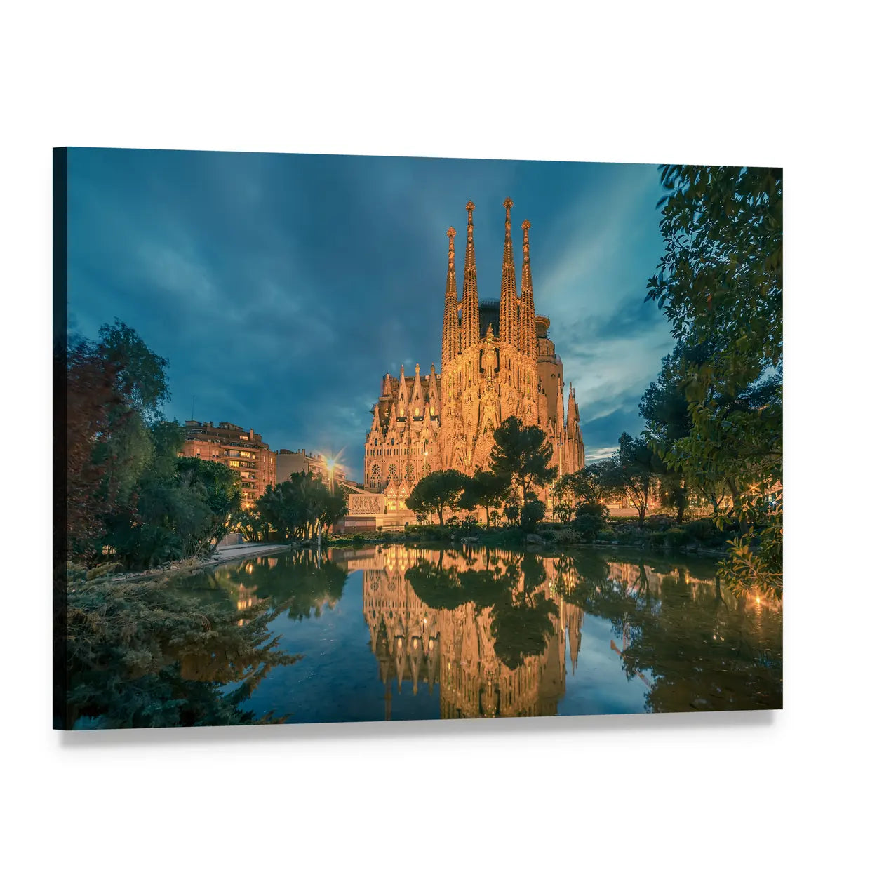 Sagrada Familia Night Reflection Canvas Wall Art, single panel gallery wrapped canvas, angled product view