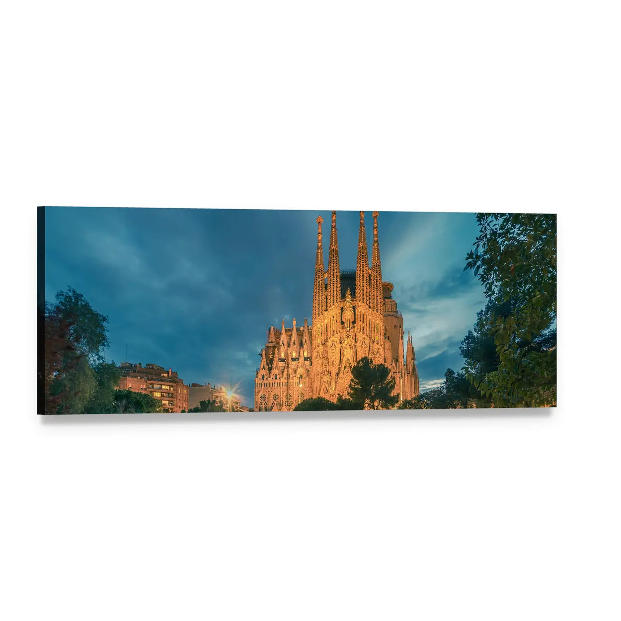 Sagrada Família Cathedral at Dusk Panoramic Canvas Wall Art, single panel gallery wrapped canvas, angled product view