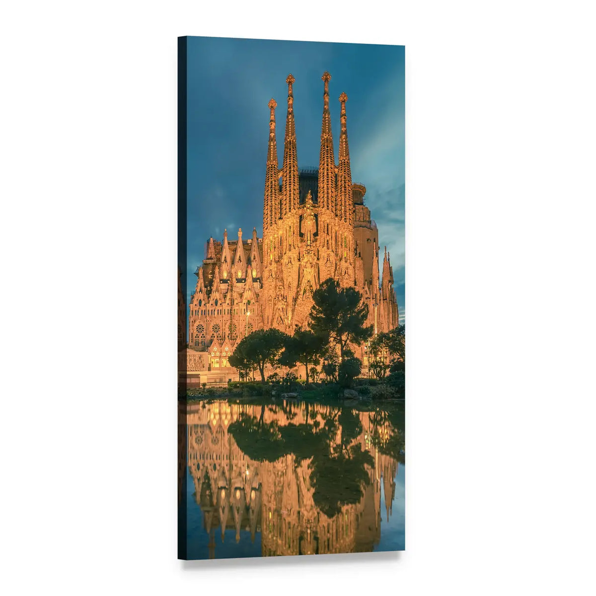 Sagrada Família Twilight Reflection Vertical Canvas Wall Art, 1 panel 1 Vertical layout gallery wrapped canvas set, angled product view