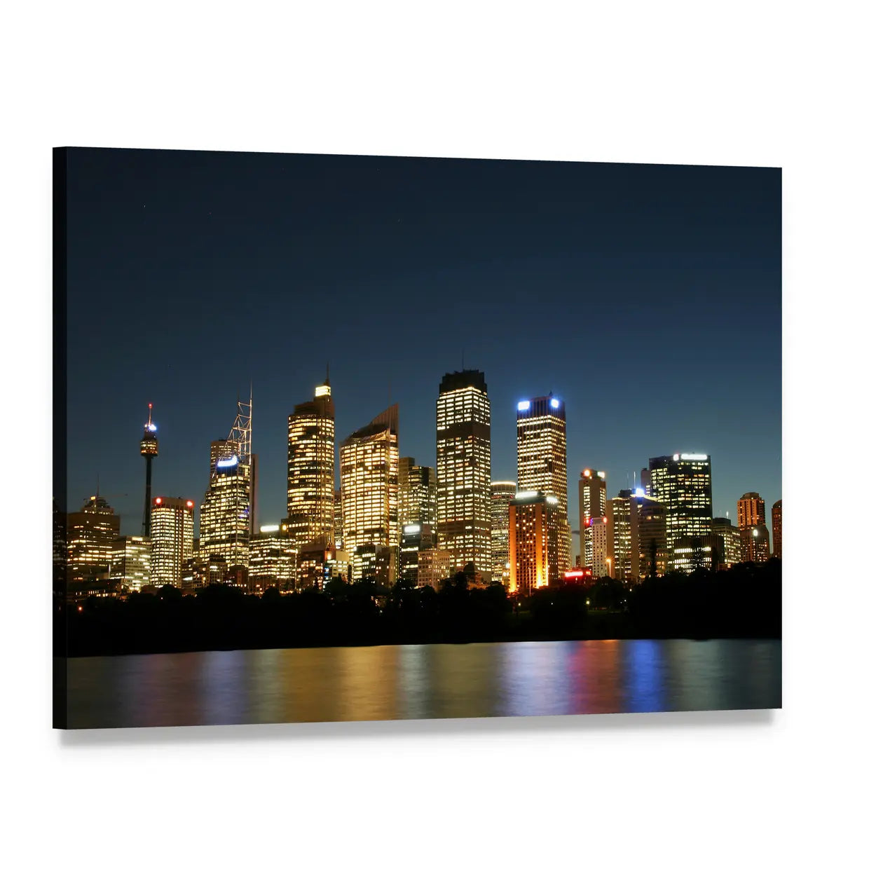 Sydney City Skyline at Night Canvas Wall Art, single panel gallery wrapped canvas, angled product view